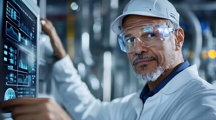 Experienced engineer operating a holographic control dashboard for an eco industrial waste to energy conversion facility