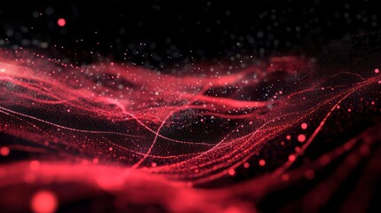 Abstract red digital wave pattern on dark background with glowing particles.