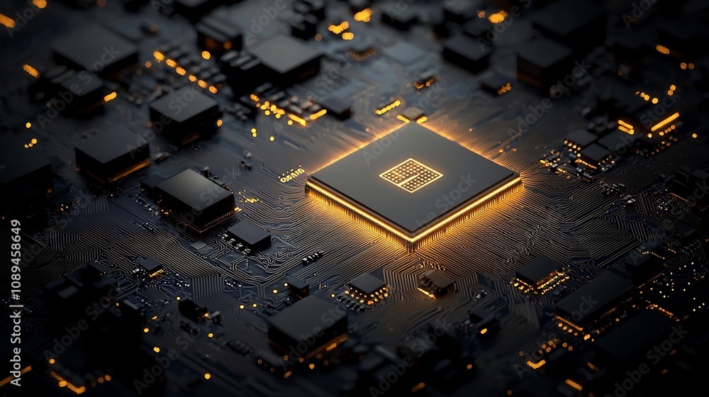 Poster elegant tech background with glowing golden circuit lines weaving through dark electronic components