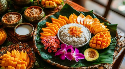 Fototapeta premium Elegant Thai Dessert Display with Mango Sticky Rice Served in a White Ceramic Bowl Surrounded by Vibrant Mango Slices and Coconut Milk in a Small Cup on a Banana Leaf Covered Plate