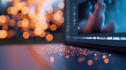 close-up of a laptop keyboard with a blurred background of warm lights