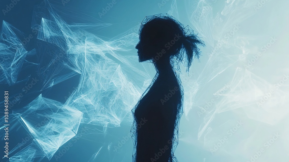 Poster ethereal futuristic silhouette with polygonal wireframe elements on dynamic blue background abstract