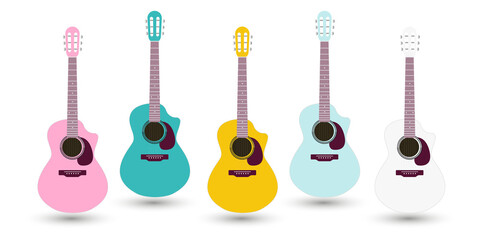 Naklejka premium The collection of Sweet pink guitar vector on isplated background in blue. Set of five beauty color guitars wooden icon on light blue background.