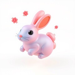 Cute pink rabbit with pink flowers isolated on white background.