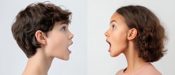 two children expressing surprise or excitement in profile view