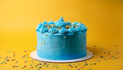 yellow background with blue buttercream birthday cake and colorful sprinkles