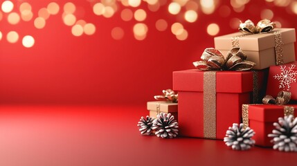 Festive holiday scene featuring a striking red background adorned with snowflakes in various sizes illuminated by soft golden Christmas lights