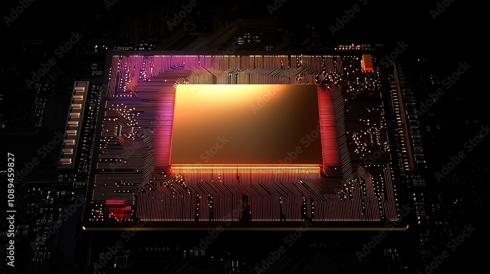 Poster futuristic abstract technology background with glowing golden circuit lines and intricate motherboar