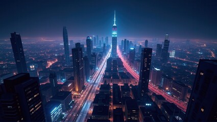 Night cityscape with illuminated skyscrapers and busy traffic trails on a curved overpass by the waterfront. Generative, AI,