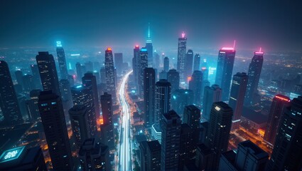 Night cityscape with illuminated skyscrapers and busy traffic trails on a curved overpass by the waterfront. Generative, AI,