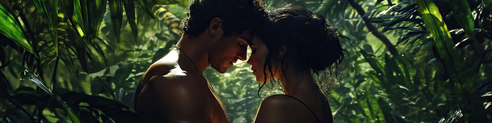 A couple sharing an intimate moment in the heart of a dense forest.