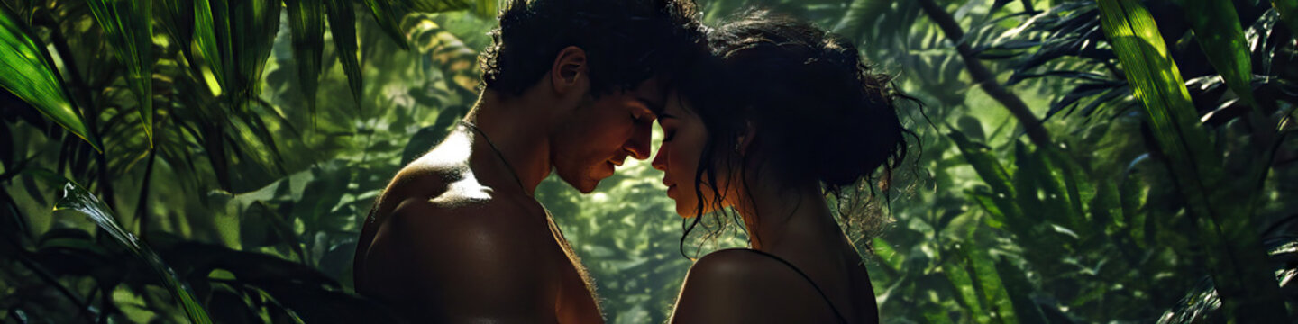 A couple sharing an intimate moment in the heart of a dense forest.