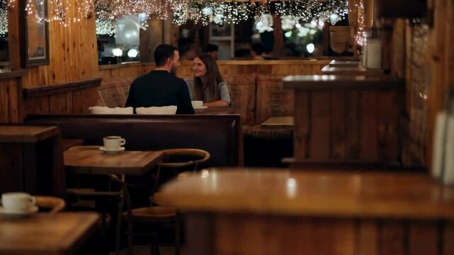 Couple on a Date Talking in Cozy Cafe with String Lights