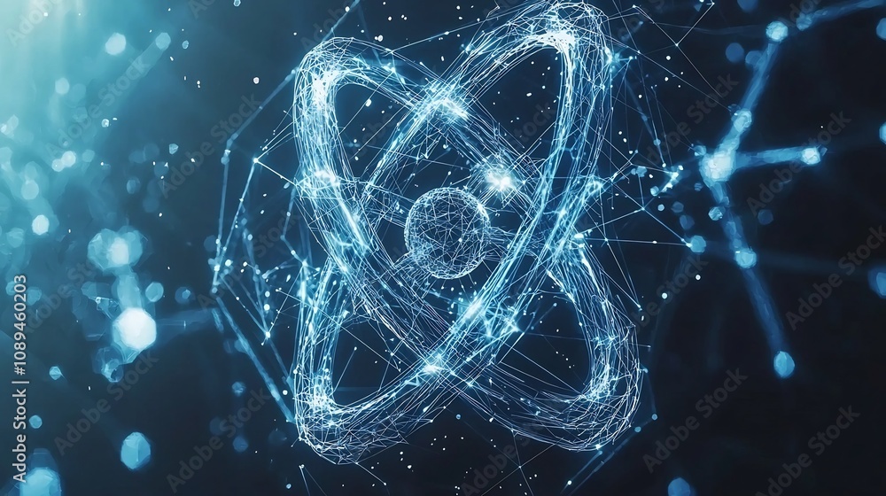 Poster futuristic atom or molecular symbol with luminous orbits and bright sparkles embedded in a digital p