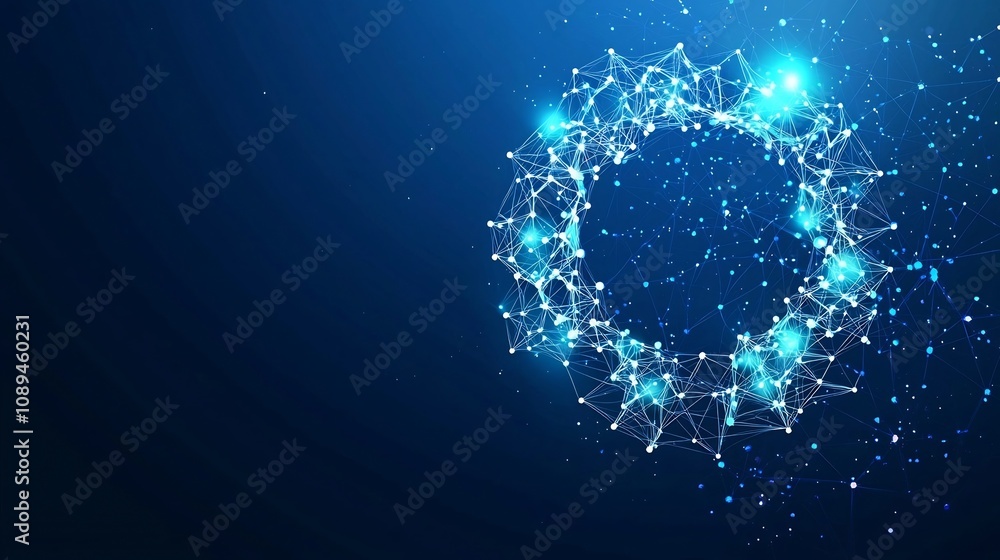 Poster futuristic atom or molecule symbol with luminous orbits and bright sparkles embedded in a digital po