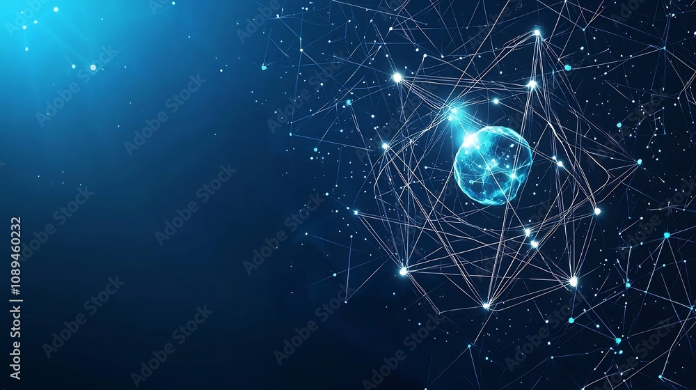 Poster futuristic atom or molecule symbol with luminous orbits and bright sparkles embedded in a digital po