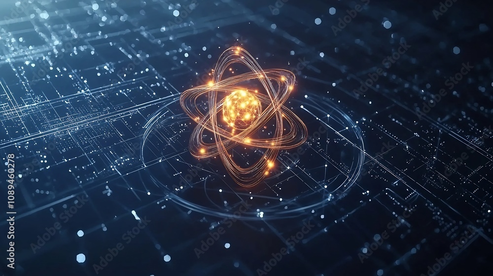 Aufkleber futuristic atom or molecule symbol with luminous orbits and bright sparkles embedded in a digital po