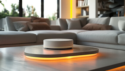 smart virtual assistant for help in domestic life and intelligent home, glowing smart speaker controlled by phone, wireless moder technology