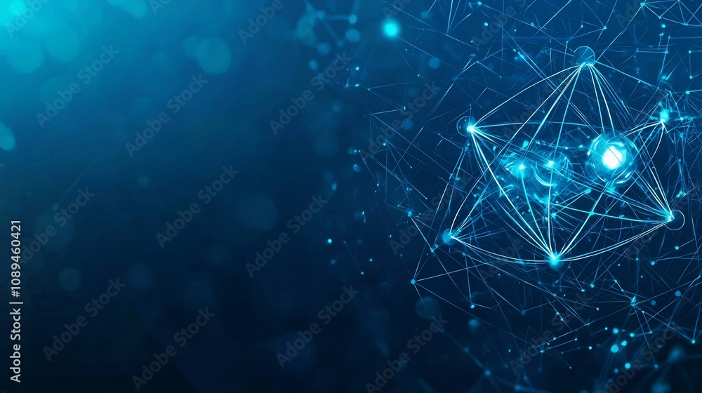 Poster futuristic atomic or molecular symbol with luminous orbits and bright sparkles embedded in a digital