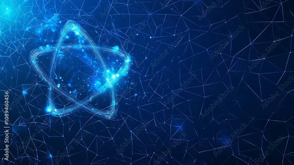 Poster futuristic atomic design with luminous light orbits and radiant sparkles on a modern blue polygonal 