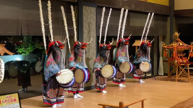 Shishi-Odori(Deer Dance), a traditional folk performance in Iwate Prefecture, Japan. The dancers  perform a dance to pray for local peace and ward off evil spirits.