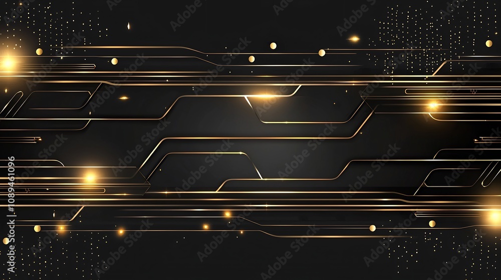 Poster futuristic dark abstract design with intricate golden circuitry and motherboard elements glowing on 
