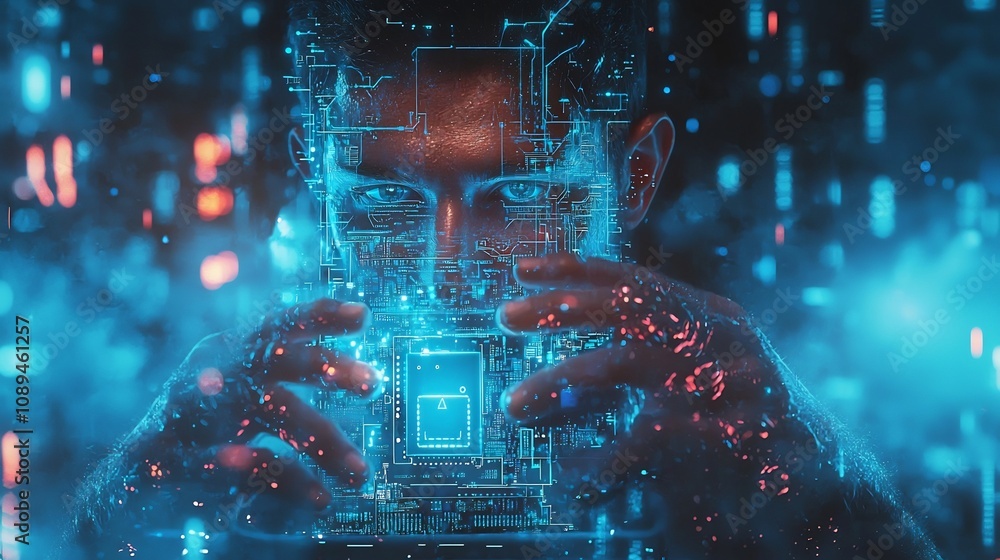 Poster futuristic depiction of a digital hacker holding a light blue laptop with an embedded chip set on a 