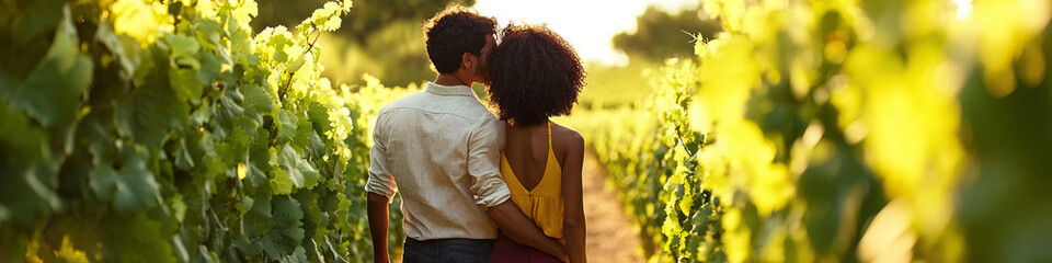 Vineyard: A young couple strolling arm-in-arm through a lush vineyard on a warm summer day. - Powered by adobe