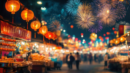 Vibrant night market festival illuminated by colorful lanterns and fireworks