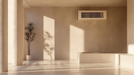Fototapeta premium Wall-mounted air conditioner with round grid vent system, perfect for modern interior setups needing stylish and effective cooling.