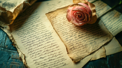 Vintage love letters with a pink rose on aged paper
