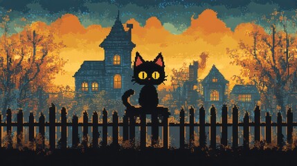 A black cat sits on a fence in front of a haunted house with an orange and blue sky in the background.