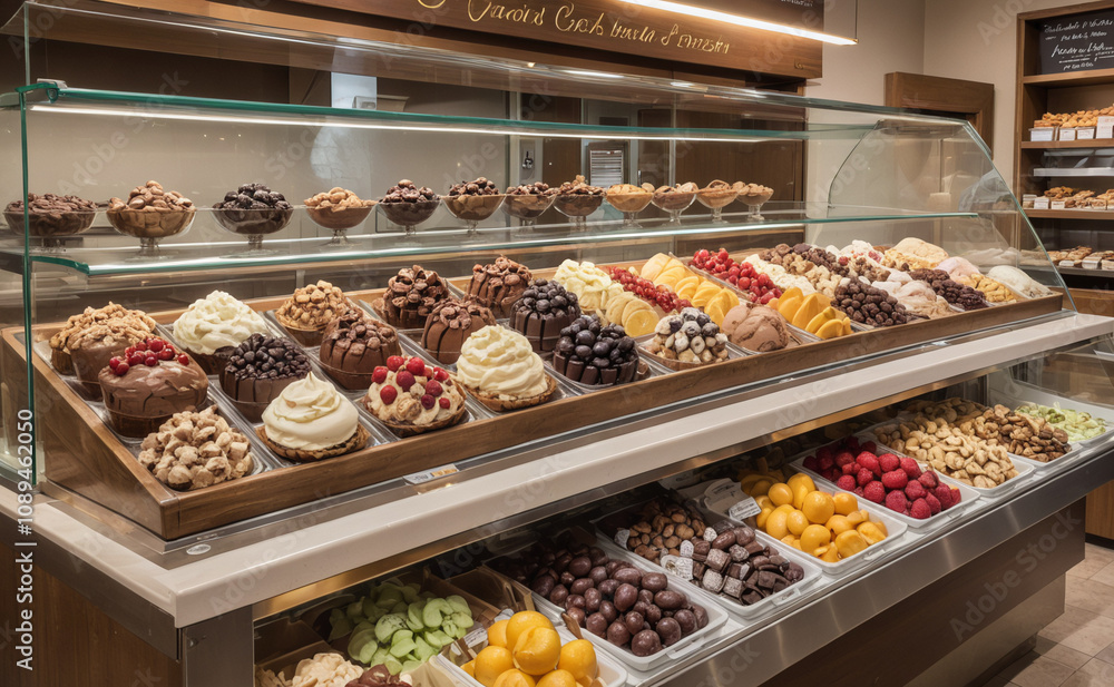 Poster a display of desserts and fruit in a store. the desserts include cakes, pies, and other sweet treats