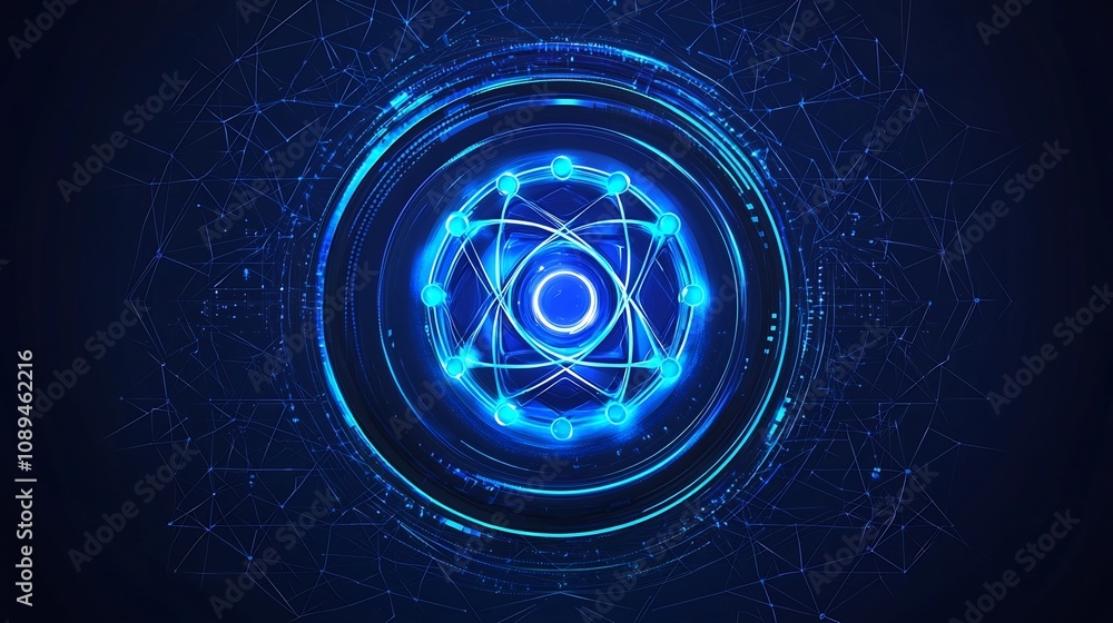 Poster futuristic glowing atom or molecular symbol with luminous orbits and bright sparkles embedded in a d