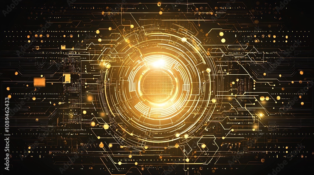 Aufkleber futuristic golden circuitry patterns and computer motherboard elements layered on a sleek sophistica
