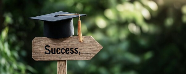 Graduation Cap Placed on a Wooden Road Sign Pointing to the Word  Success   Symbolizing the Direction and Goals Achieved Through Education and Determination