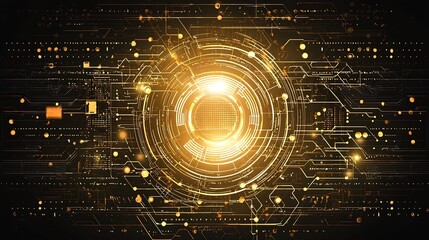 Obraz premium Futuristic golden circuitry patterns and computer motherboard elements layered on a sleek sophisticated dark technology background Featuring chip and semiconductor themes with a digital