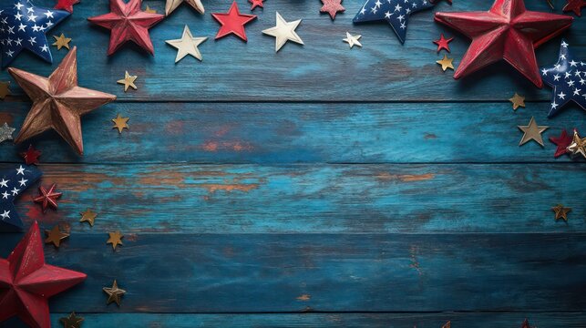 Red, white, and blue stars scattered around the edges of a blue wooden background, leaving space for text in the center.