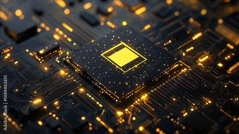Poster futuristic high tech concept featuring a glowing neon yellow intelligence chip logo at the core comp
