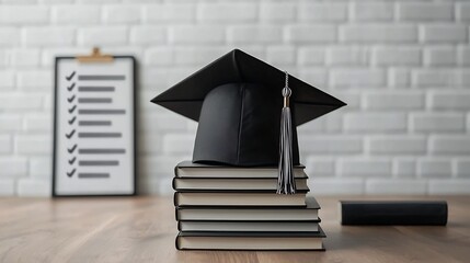 Graduation cap resting on a stack of books with a goal checklist in the background representing the academic milestones and achievements in a student s educational journey