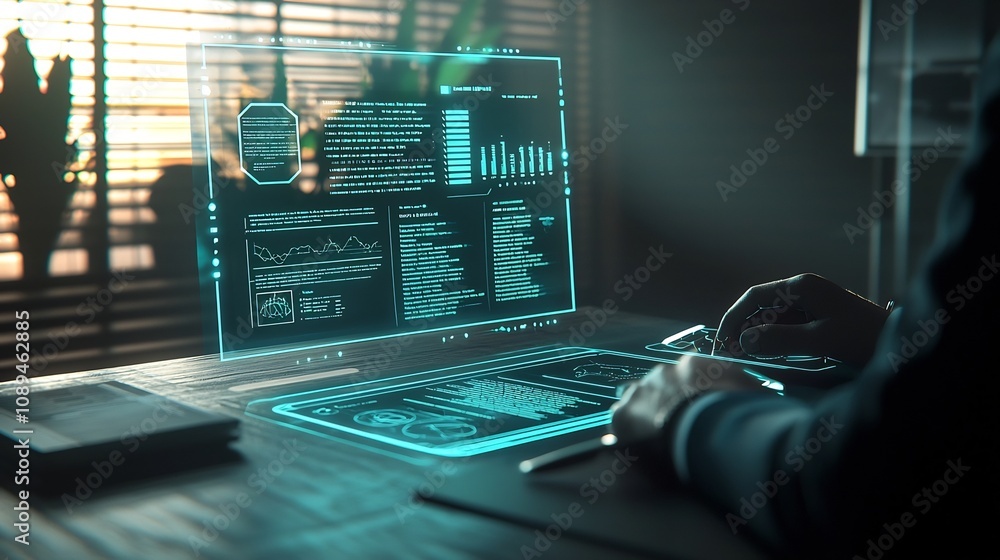 Poster futuristic holographic interface showcasing ethics icons and elements like standards laws and respon
