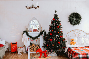 Cozy holiday living room with Christmas tree and decorations in December