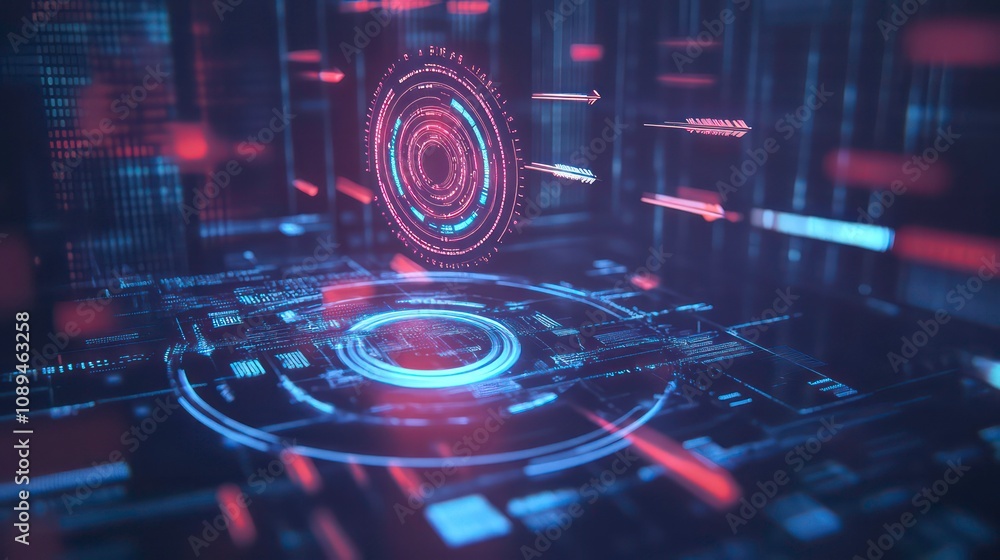 Poster Abstract digital interface with glowing circles and lines, representing technology and innovation.