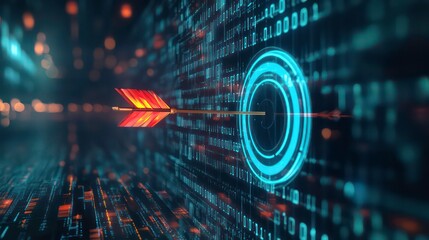 A glowing arrow strikes the center of a digital target, symbolizing success in the digital world.