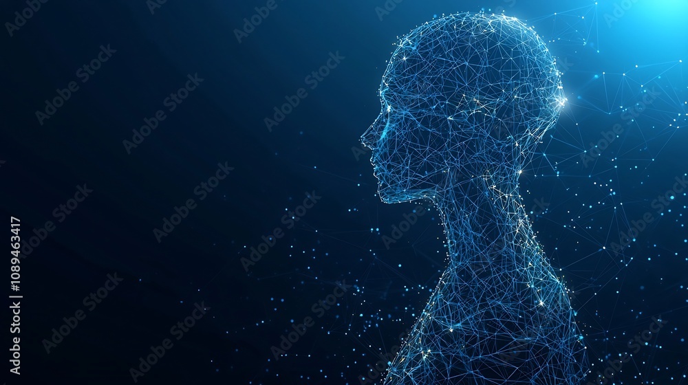 Poster futuristic low poly anatomical wireframe silhouette of a human body glowing softly on a digital blue