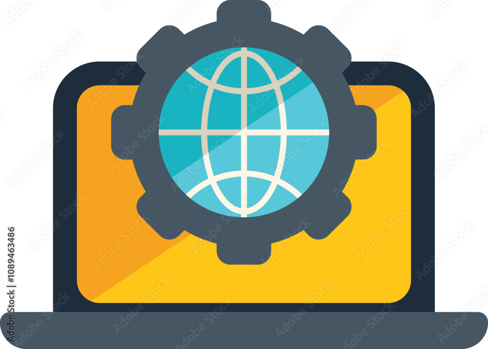 Poster laptop is displaying a globe inside of a gear, representing global development