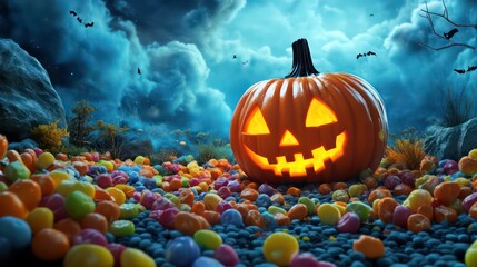 Naklejka premium A glowing jack-o-lantern sits on a bed of colorful candy in a spooky, nighttime setting.