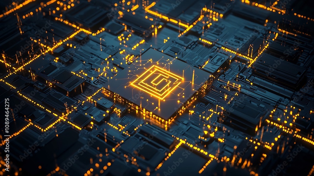 Poster futuristic luxury intelligence computer chip with a glowing neon yellow logo set in a dark technolog