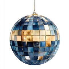 A shimmering blue disco ball reflecting light, composed of square tiles, perfect for party decor and creating a vibrant atmosphere.
