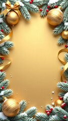 golden Christmas background with fir branches and decorations